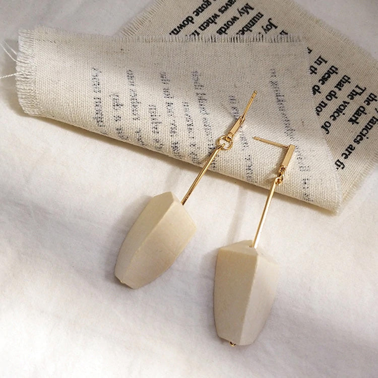 Vintage White Wood Pendant Gold Metal Earrings