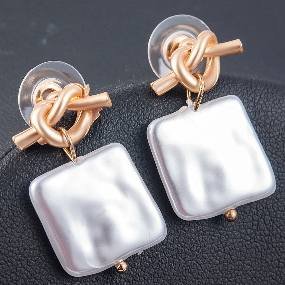 Knotted Square Pearl Drop Earrings