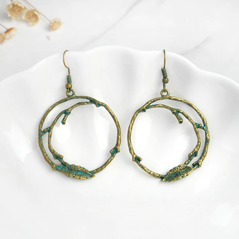 Antique Green Branches Hollow Round Leaf Pendant Bohemian Earrings